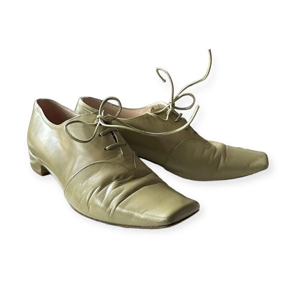 Michel Perry Square Toe Lace Up Flats, Green, Size 37.5 EU - Picture 5 of 13